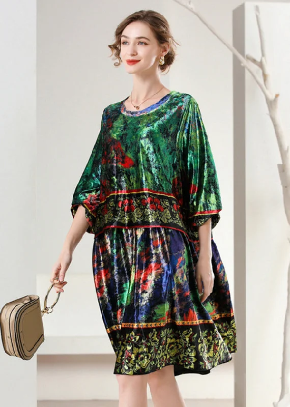 Trend Alert Boutique Green Oversized Print Silk Velour Dress Bracelet Sleeve