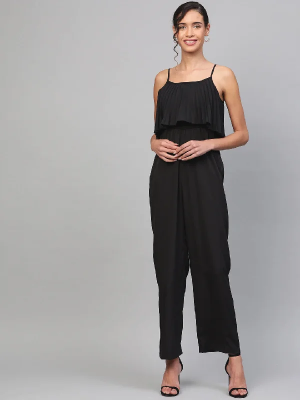 Women's Cozy Clothes Black Pleated Palazzo Jumpsuit