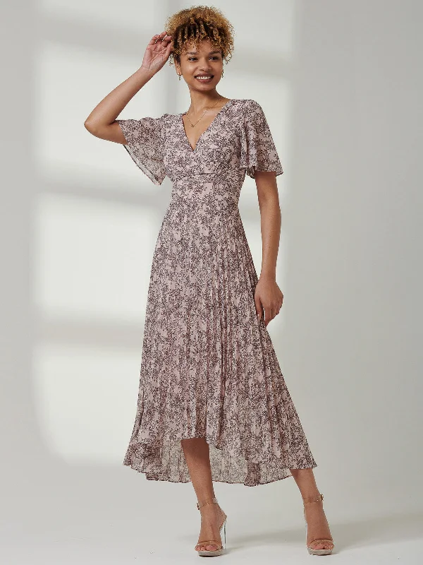 Affordable Women's Clothing Chiffon Angel Sleeve Pleated Maxi Dress, Pink Multi