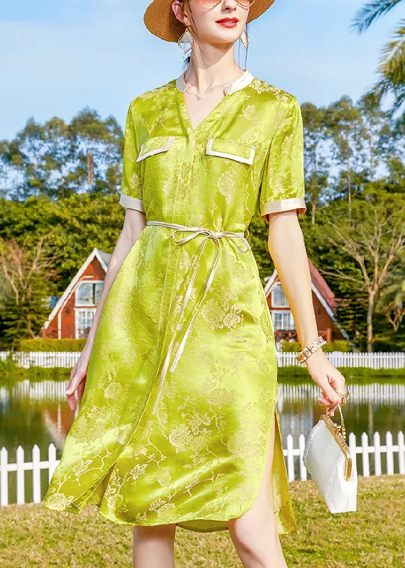 Women's Plus-Size Clothes Original Yellow Green Side Open Jacquard V Neck Silk Dresses Short Sleeve Women's Plus-Size Clothes Original Yellow Green Side Open Jacquard V Neck Silk Dresses Short Sleeve