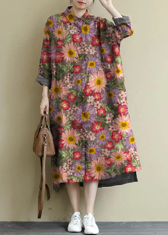 Comfortable Women's Clothing gray flower Linen Shirt Dress Casual Oversize Spring Maxi Dresses Comfortable Women's Clothing gray flower Linen Shirt Dress Casual Oversize Spring Maxi Dresses