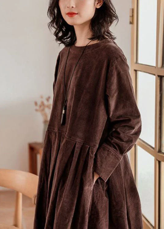 Effortless Chic for Women French Brown Plus Size Corduroy Dress Pockets Button Patchwork Fall Dresses