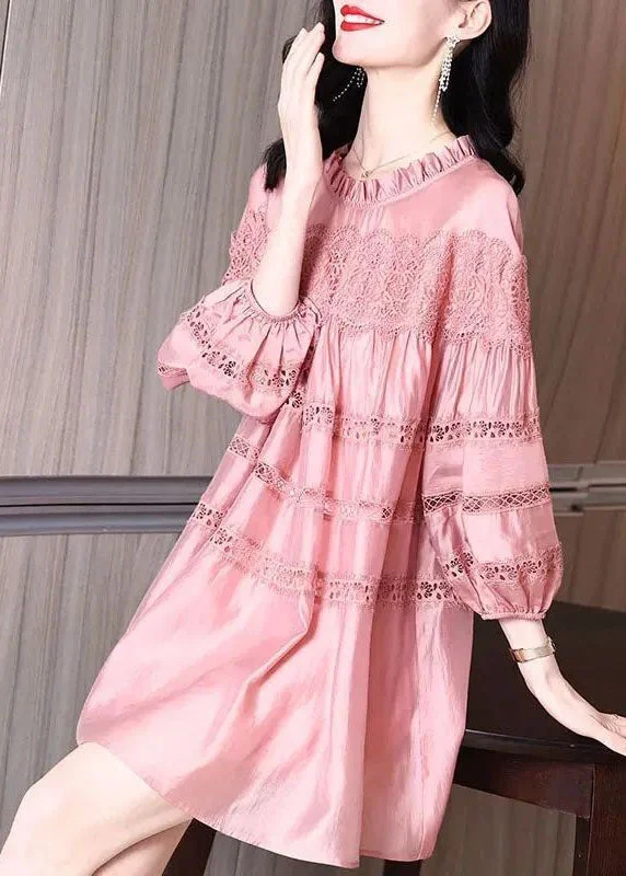 Plus Size Women Wear French Pink Ruffled Patchwork Lace Silk Dresses Saia Puff Sleeve