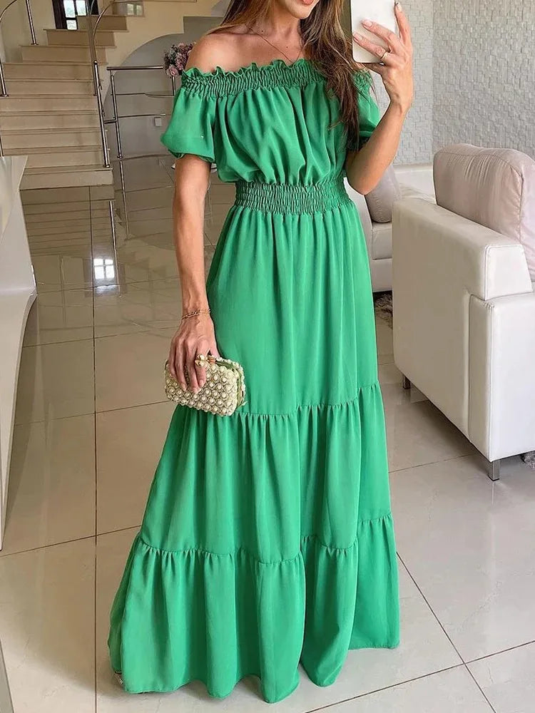 Women's Casual Wear Clothing Off Shoulder Ruffles Summer Slash Neck Short Sleeve Elegant Maxi Dress Women's Casual Wear Clothing Off Shoulder Ruffles Summer Slash Neck Short Sleeve Elegant Maxi Dress