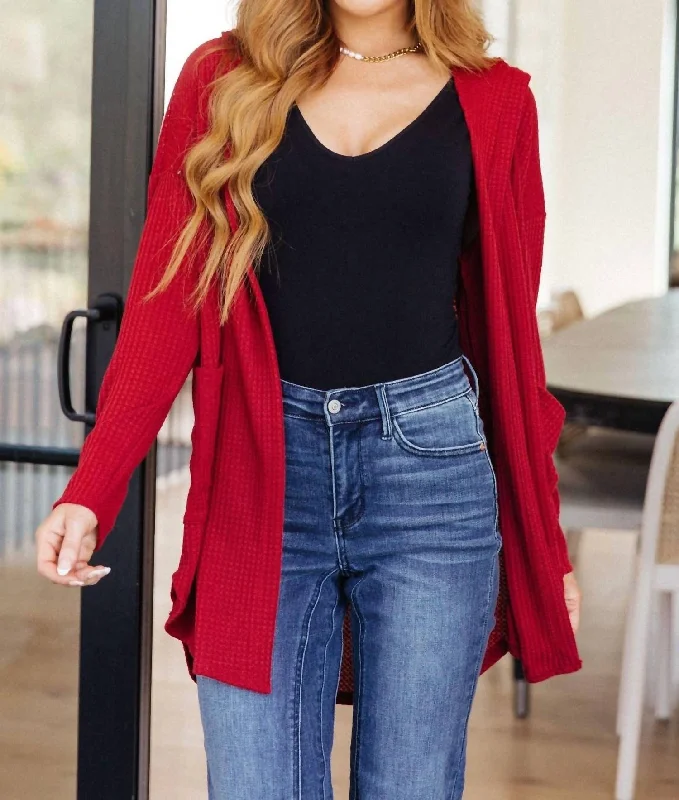 Comfortable Women's Clothing First Things First Hooded Cardigan In Red
