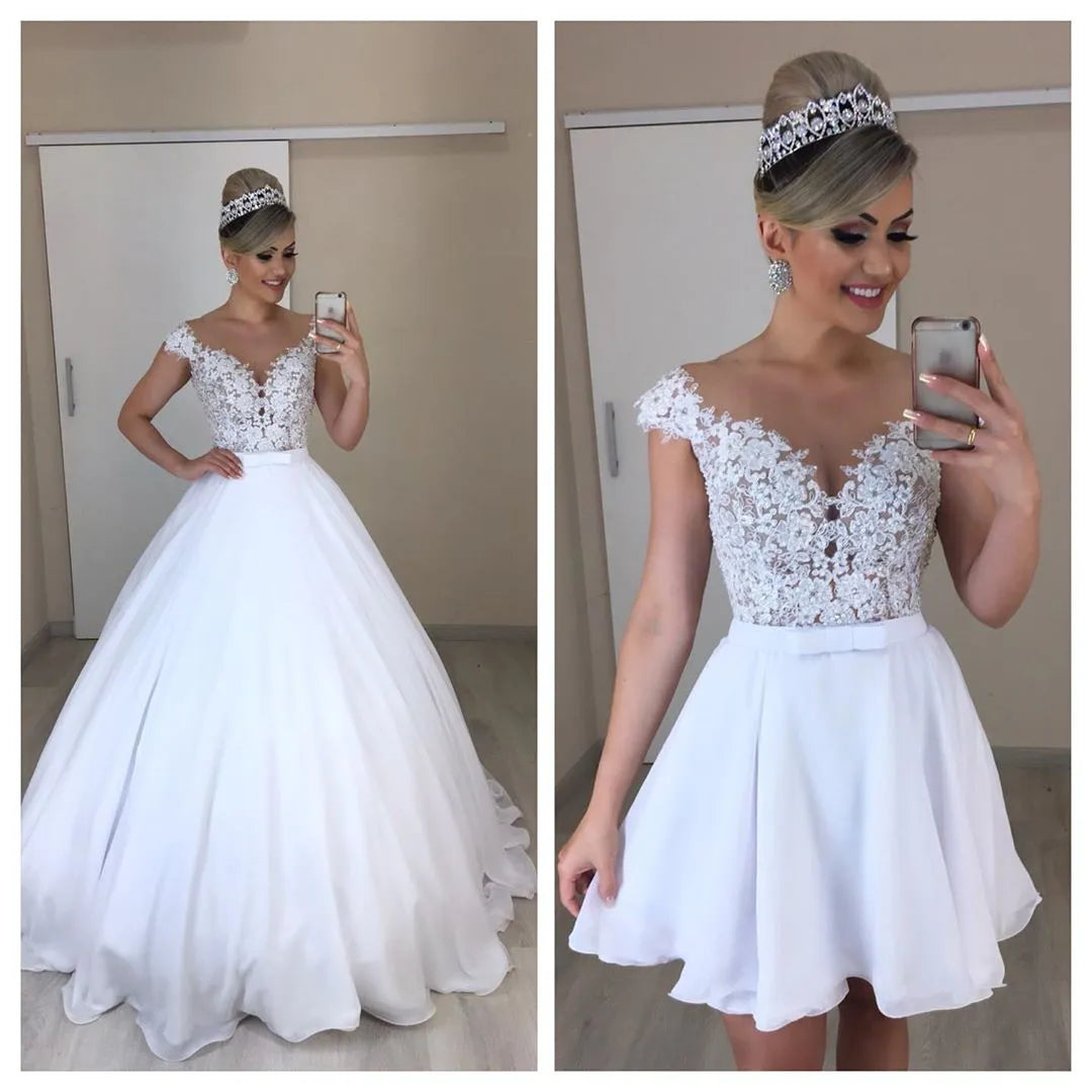 Women's Night-Out Clothes Beach 2 IN 1 Wedding Dresses Boho Vintage Lace Appliques Short Bridal Gown with Long Detachable Skirt For Bride