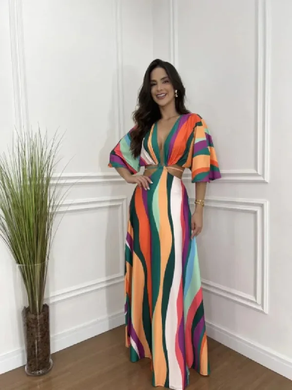 High-Fashion Women's Clothing Women's Stripes V Neck Long Hollow Color-block Bat Sleeve Summer Holiday 2024 Maxi Dress High-Fashion Women's Clothing Women's Stripes V Neck Long Hollow Color-block Bat Sleeve Summer Holiday 2024 Maxi Dress