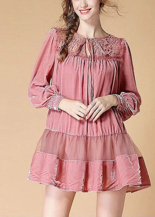 Modern Women's Clothes Handmade Pink Embroideried Patchwork wrinkled Fall Long sleeve Dress Modern Women's Clothes Handmade Pink Embroideried Patchwork wrinkled Fall Long sleeve Dress