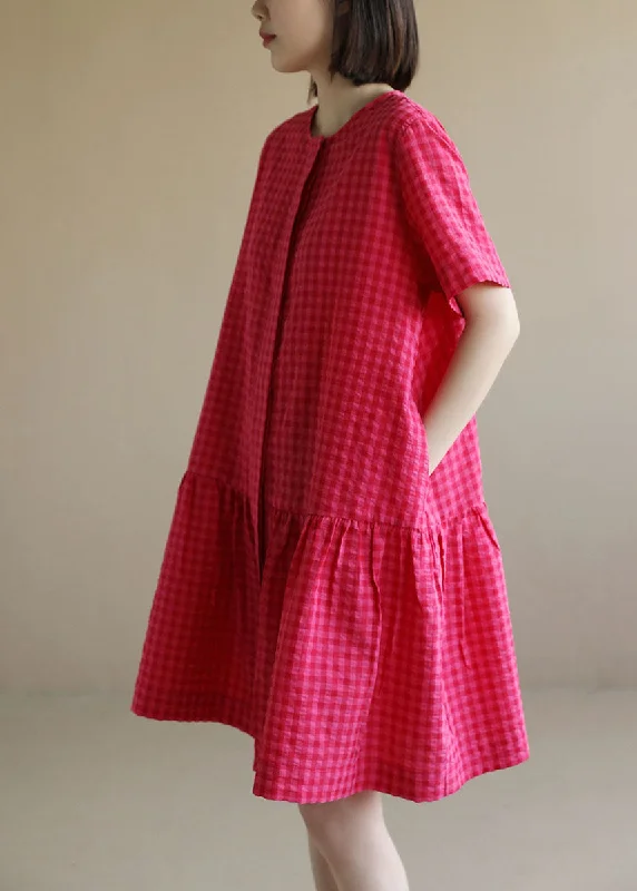 Women's Plus-Size Clothes Women Red O-Neck Plaid Patchwork Cotton Mid Dresses Short Sleeve Women's Plus-Size Clothes Women Red O-Neck Plaid Patchwork Cotton Mid Dresses Short Sleeve