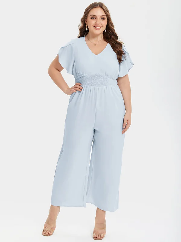 Athleisure Wear Special Offer Plus Patchwork V-Neck Tulip Sleeve Pocket Jumpsuits