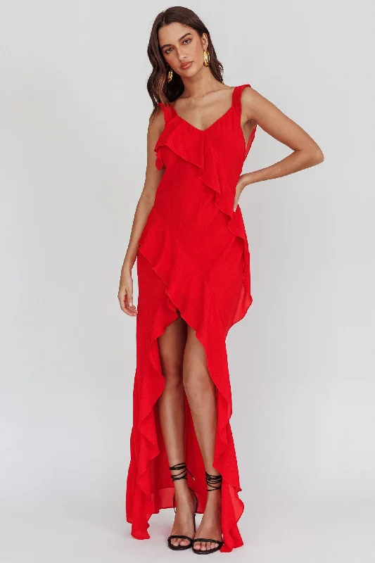 Versatile Wardrobe Essentials Johannson Ruffle Trim Maxi Dress Red