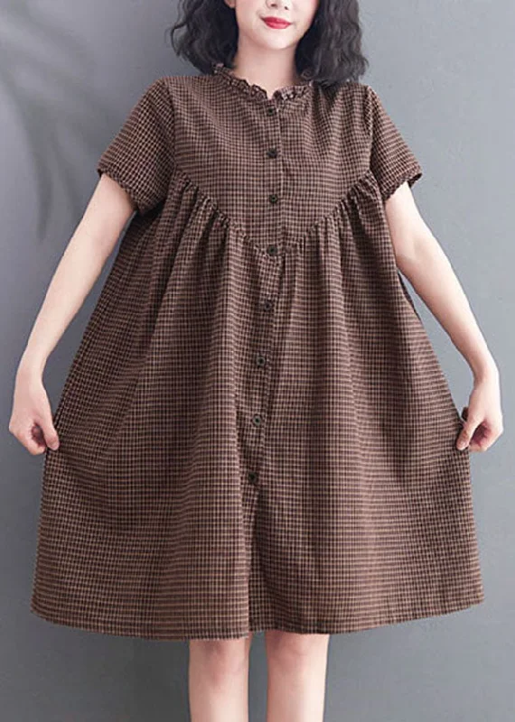 Women's Outerwear Clothing Casual Brown Wrinkled Ruffled Plaid Cotton Dress Short Sleeve Women's Outerwear Clothing Casual Brown Wrinkled Ruffled Plaid Cotton Dress Short Sleeve