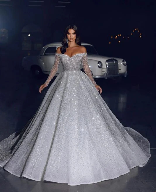Fashion-Forward Women's Clothing Arabia Glitter Princess Wedding Dresses Off Shoulder Sparkly Long Sleeves Bridal Gowns A-Line Dubai Pageant Bride Dress Fashion-Forward Women's Clothing Arabia Glitter Princess Wedding Dresses Off Shoulder Sparkly Long Sleeves Bridal Gowns A-Line Dubai Pageant Bride Dress