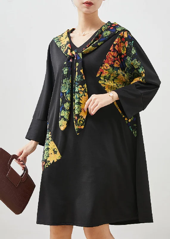 Sustainable Fashion Clothing For Women Fashion Black Hooded Patchwork Cotton Dress Spring Sustainable Fashion Clothing For Women Fashion Black Hooded Patchwork Cotton Dress Spring