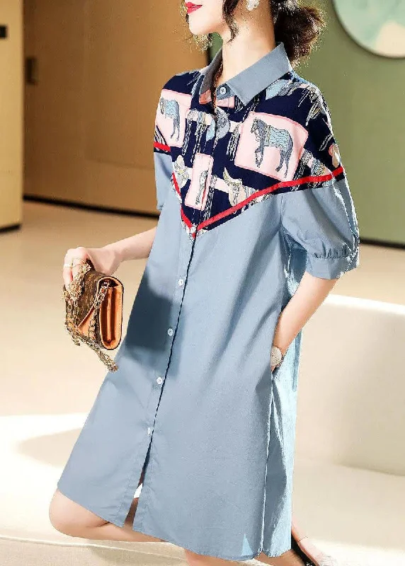 Women's Clothes For Outdoor Events Style Blue button Peter Pan Collar print Patchwork shirt Dresses Half Sleeve Women's Clothes For Outdoor Events Style Blue button Peter Pan Collar print Patchwork shirt Dresses Half Sleeve
