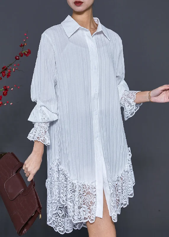 Latest Fashion for Women Sexy White Lace Patchwork Wrinkled Chiffon Shirt Dress Spring