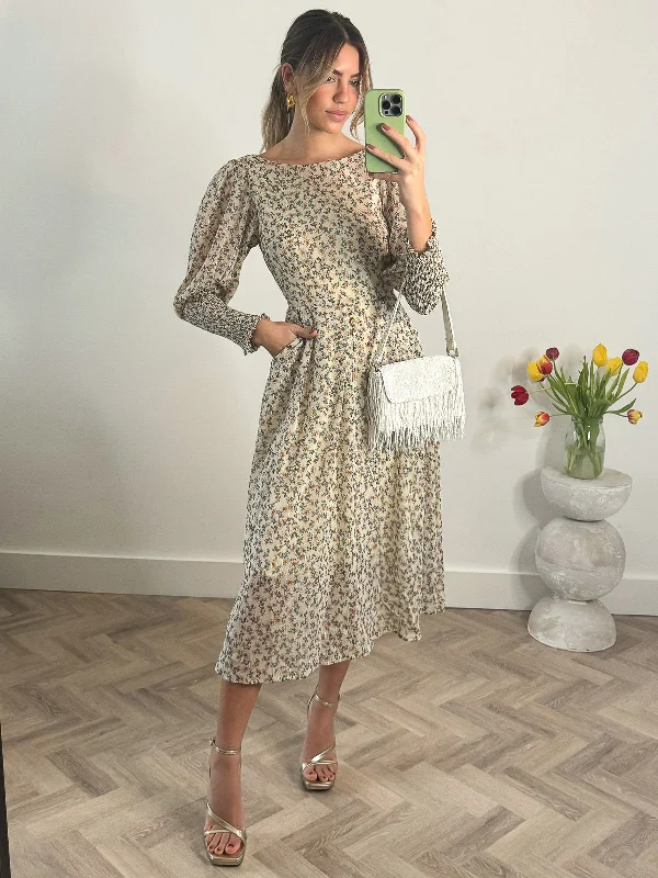 Women's Clothes For Outdoor Events Chiffon Maxi Dress with Shirred Cuffs, Beige Floral Women's Clothes For Outdoor Events Chiffon Maxi Dress with Shirred Cuffs, Beige Floral