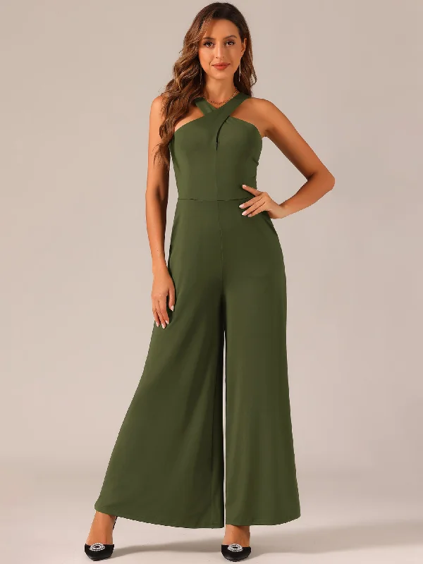 Trendy Fashion For Women Cross Neck Wide Leg Sleeveless Full Length Pocketed Jumpsuits