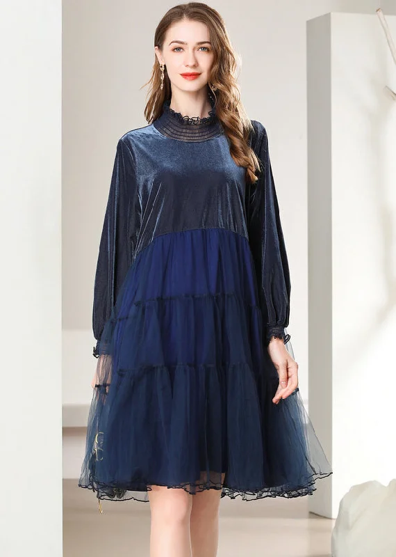 Women's Clothing Boutique French Navy Ruffled Patchwork Tulle Silk Velour Mid Dress Spring