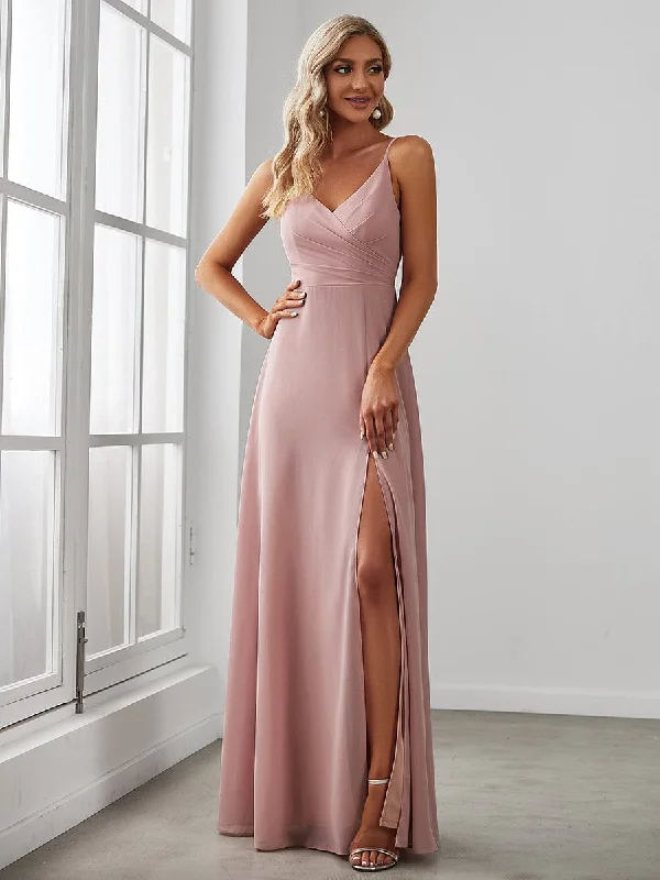 Fashion Deal Lumi | Pleated V-Neck Spaghetti Strap High Slit Bridesmaid Dress