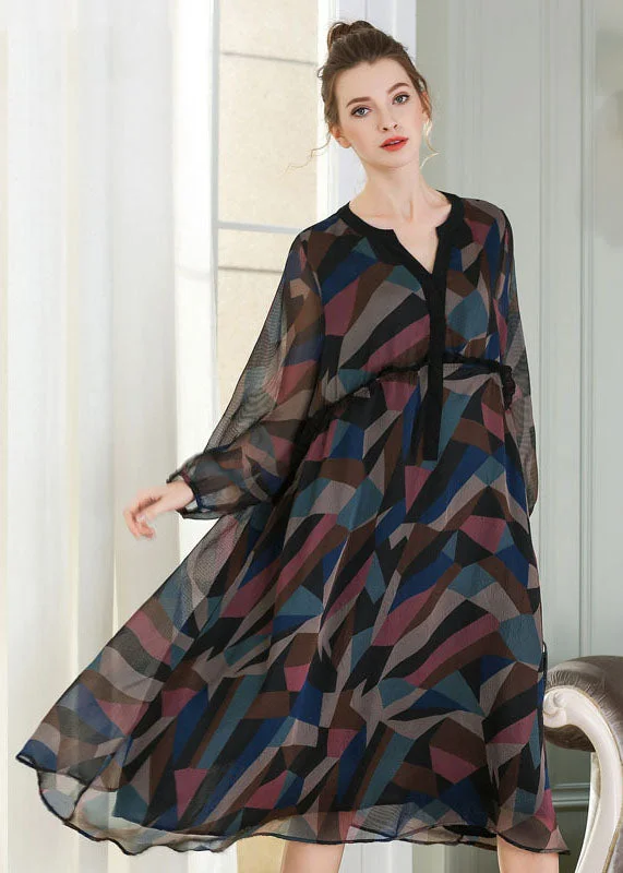 Seasonal Sale French V Neck Ruffled Patchwork Print Chiffon Maxi Dress Spring