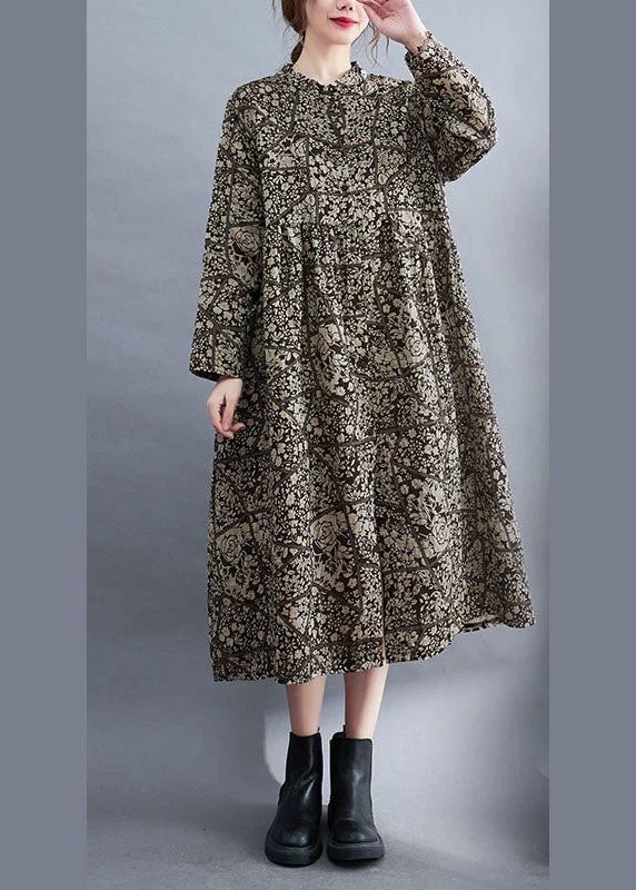 Women's Urban Clothing Plus Size Stand Collar Button Print Patchwork Fall Maxi Dresses Long sleeve Women's Urban Clothing Plus Size Stand Collar Button Print Patchwork Fall Maxi Dresses Long sleeve