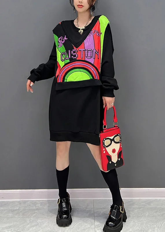 Big Sale Event Style Black O-Neck Patchwork Fake Two Pieces Cotton Mid Dresses Fall