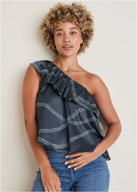 Chic Trend Collection One Shoulder Ruffle Top - Yacht Rope Print