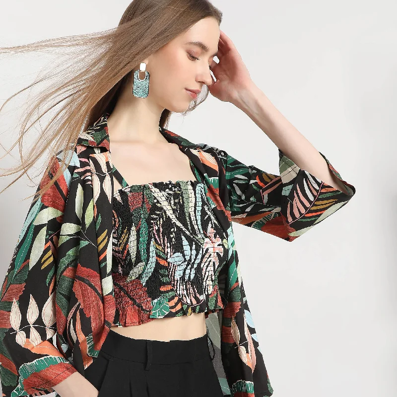 Limited Time Deal Straight Fit Printed Camp Collar Ruched Top