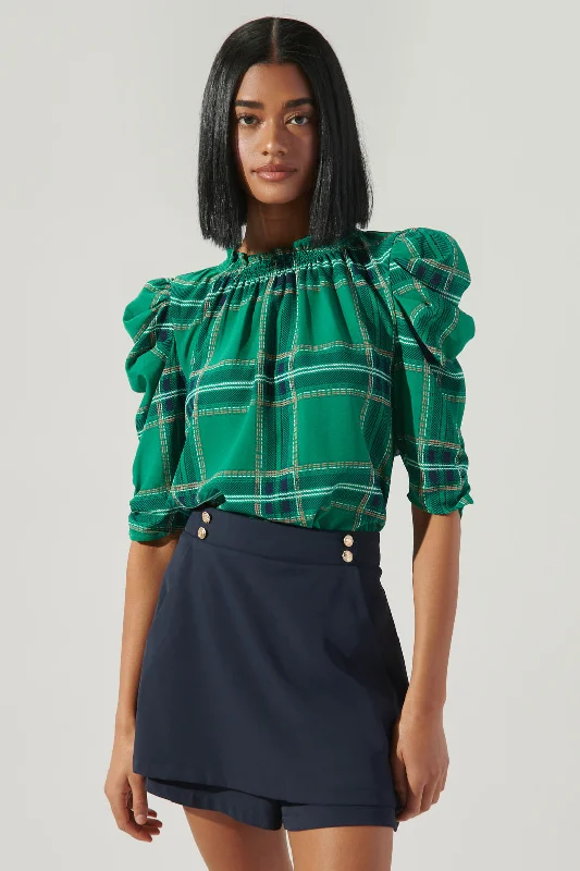 Essentials On Sale Woodland Jade Plaid Drape Sleeve Top