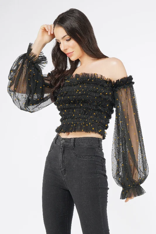 Ride The Style Wave Rolf Black Tulle Top with Gold Polka