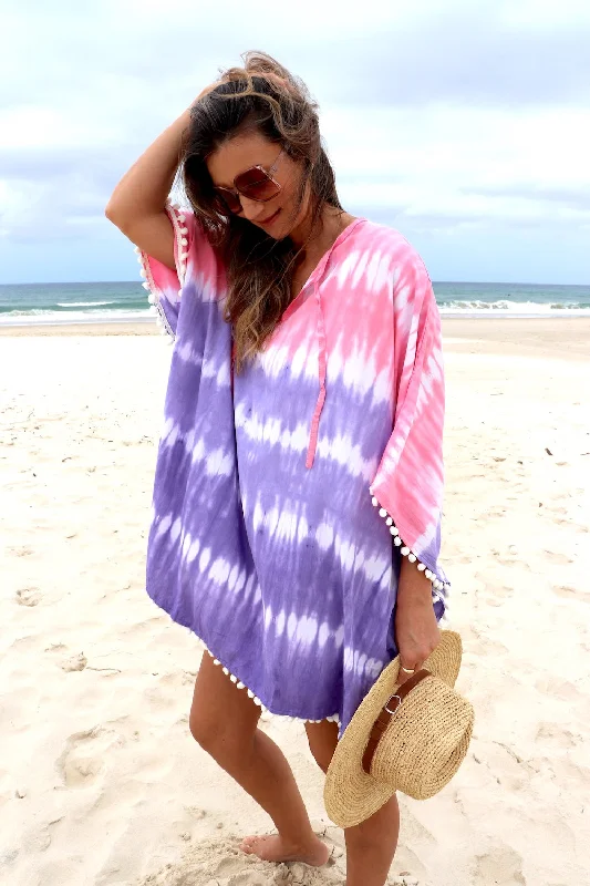 Feminine Style Promotions Short Pom Pom Kaftan in Fairy Floss Purple Pink