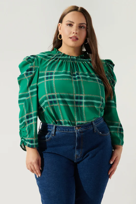 Find Your Unique Flair Woodland Jade Plaid Drape Sleeve Top Curve