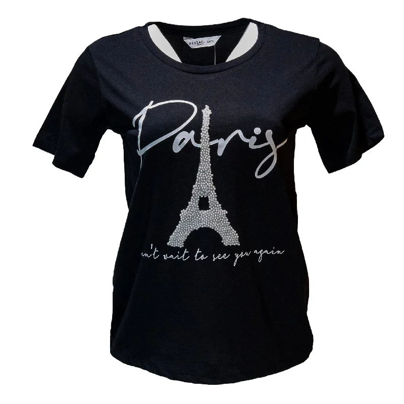 Chic And Trendy Black Paris Pearl Embellished T Shirt