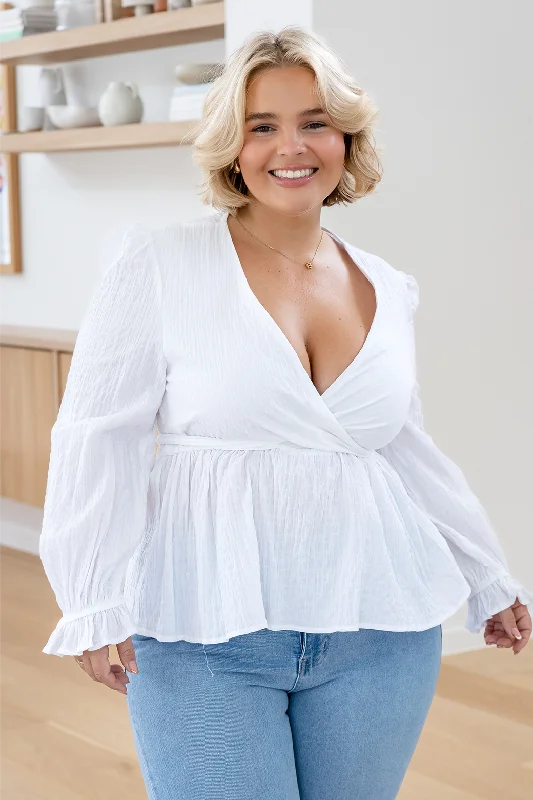 Quick Grab Deals FINAL SALE | Sass Violet Puff Sleeve Faux Wrap Top White