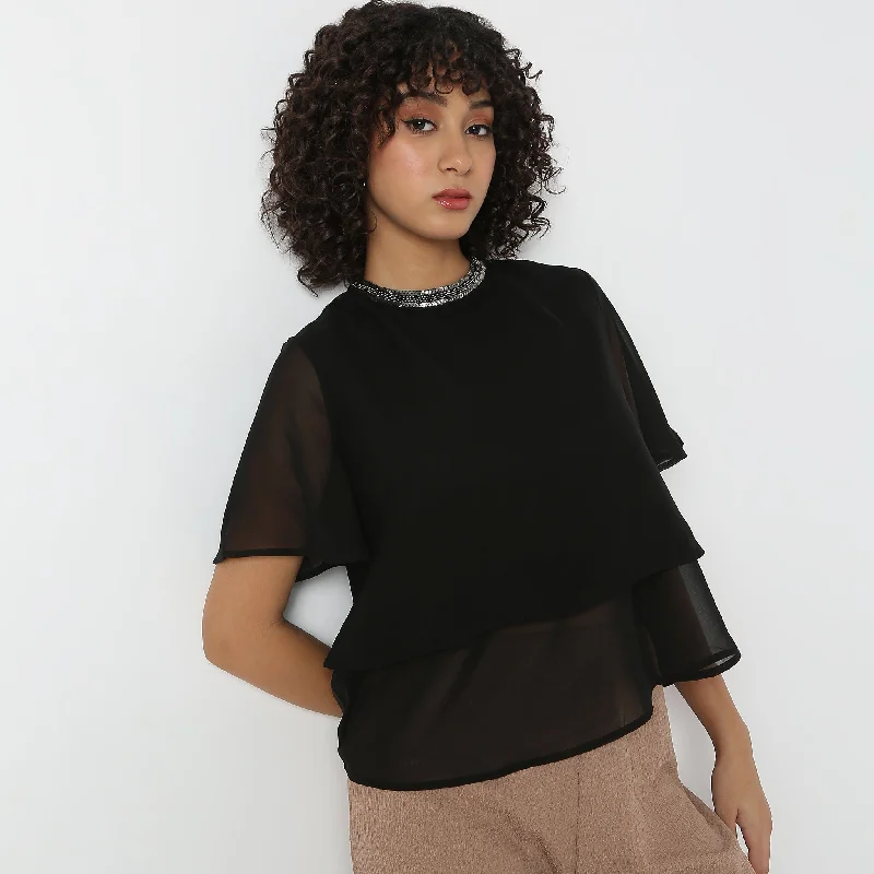 Spring Fashion Layered Solid Flutter Sleeve Cape Top