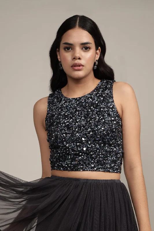 Don't Miss Out Picasso Black Beaded Top With Iridescent Sequins