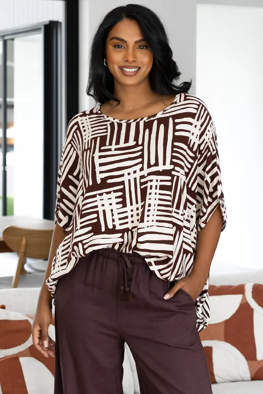 Limited Edition Brodie Drape Top Pathways Print Chocolate