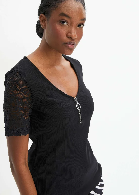 Stylish Savings Lace Sleeve Top - Black