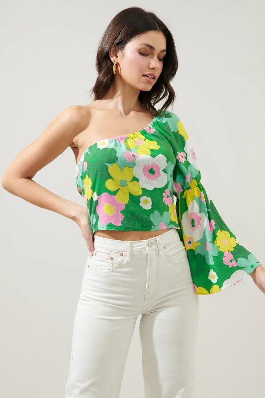 Spring Offer Wrenly Floral Cool It One Shoulder Bell Sleeve Top