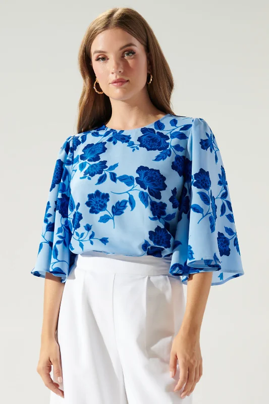 Trendy Women's Wear Collection Skyline Floral Lital Flutter Sleeve Top