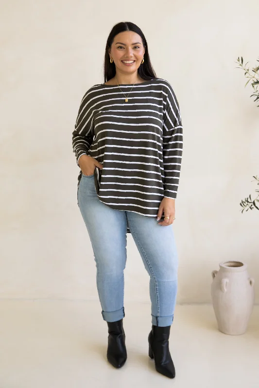 Essentials On Sale Pippa Top | Moss Green/White Stripe