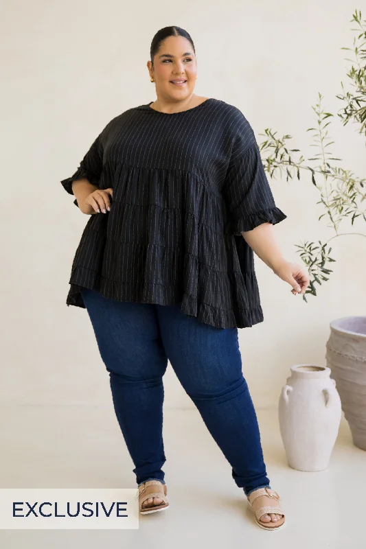 Weekend Exclusive Sofia Top | Black Pinstripe