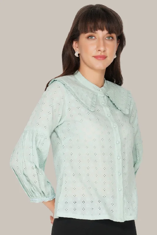 Chic Style, Always In Vogue Jerri Cotton Broderie Shirt in Pastel Green