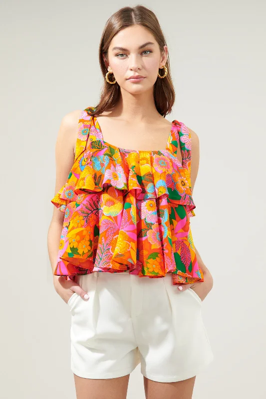Trendy Fashion Sale Idalia Floral Sloan Tie Strap Ruffle Top