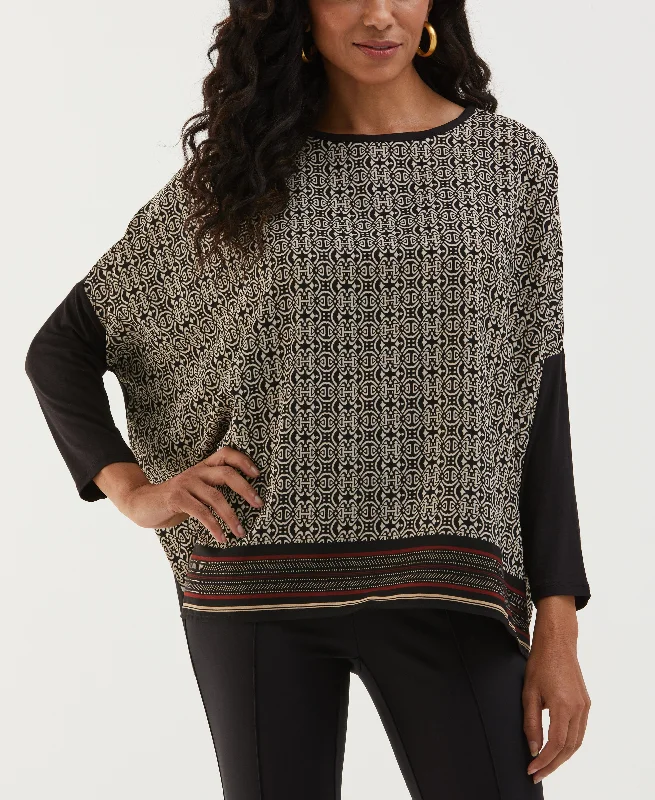 Fashion Forward Femininity Medallion Print Knit Woven Top