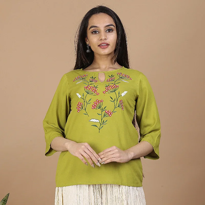 Relaxed Style Olive Floral Embroidery Panelled Top with 3/4th Sleeves