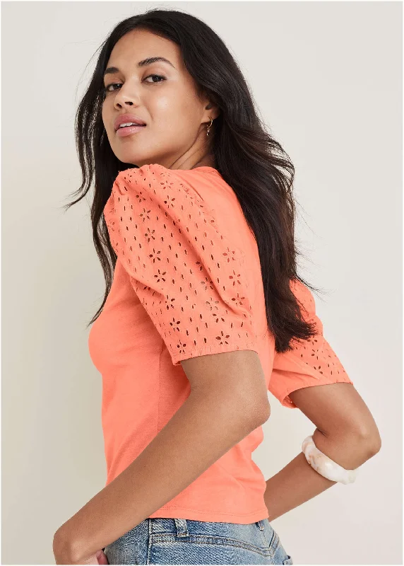 Valentine's Special Eyelet Puff Sleeve Top - Burnt Coral