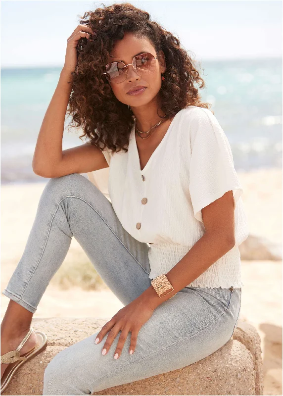 Ride The Style Wave Button Front Smocked Top - Cream