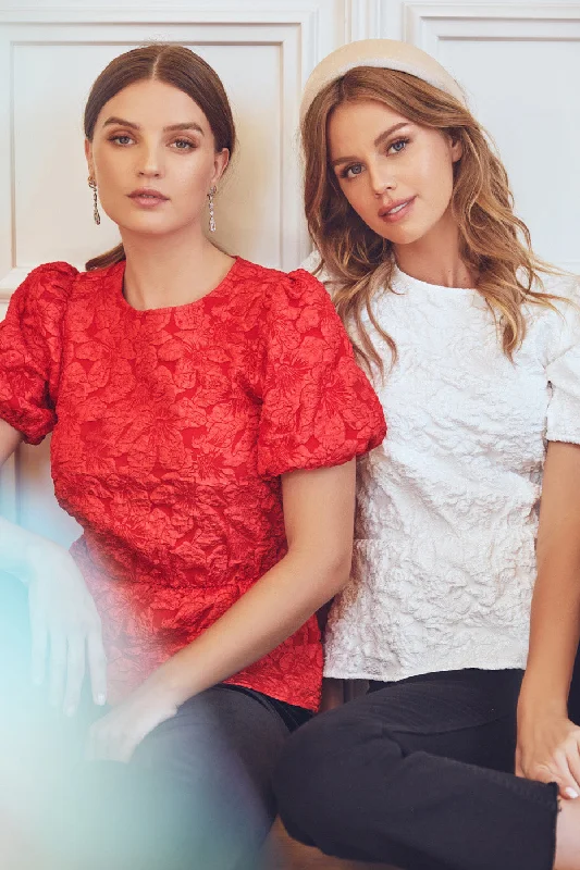 Timeless Style Promotions Nohemi Embossed Floral Puff Sleeve Peplum Top